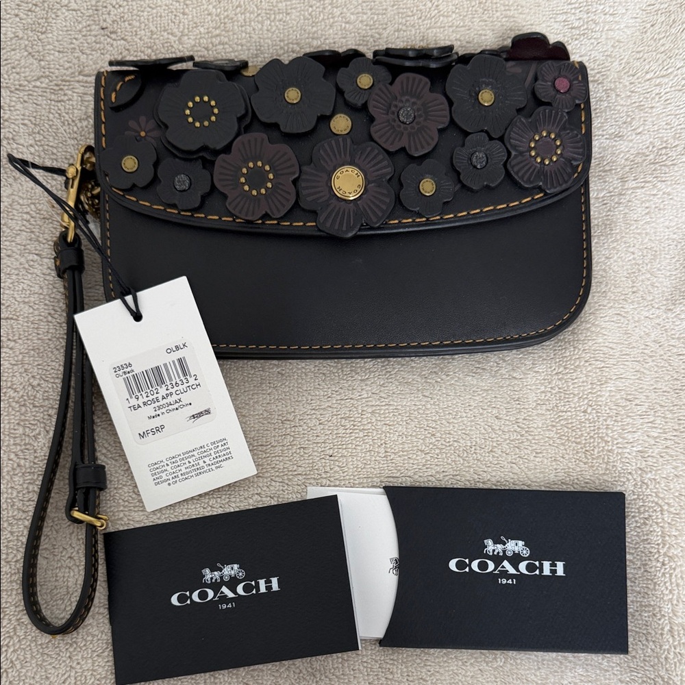 COACH Black Floral Appliqué Leather Wristlet